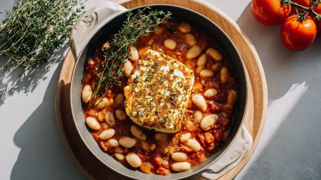 Servierter gebackener Feta mit Riesenbohnen und Baguette auf mediterranem Teller