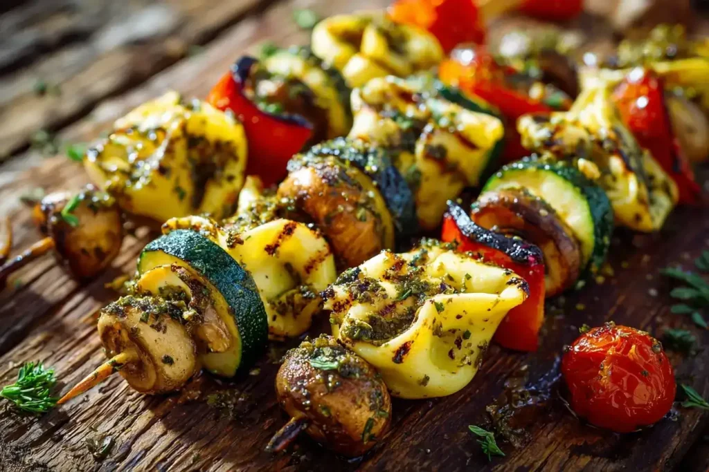 Fertig gegrillte Tortelloni-Spieße mediterran mit frischem Gemüse und Olivenöl, serviert auf weißem Teller