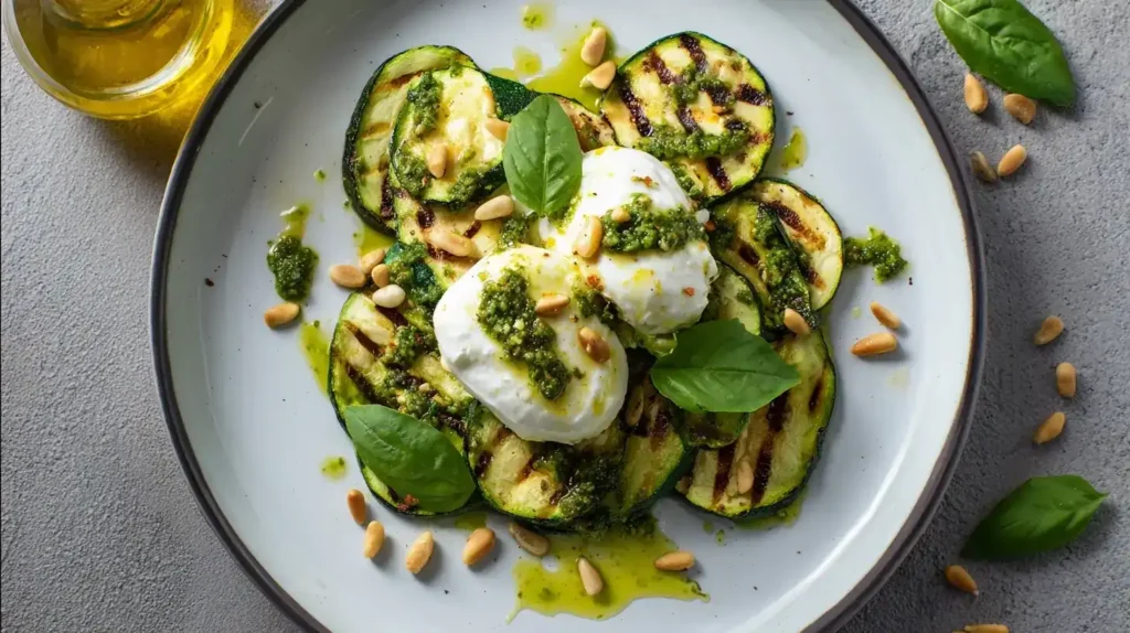 Gegrillte Zucchini mit Burrata und Pesto auf Teller angerichtet