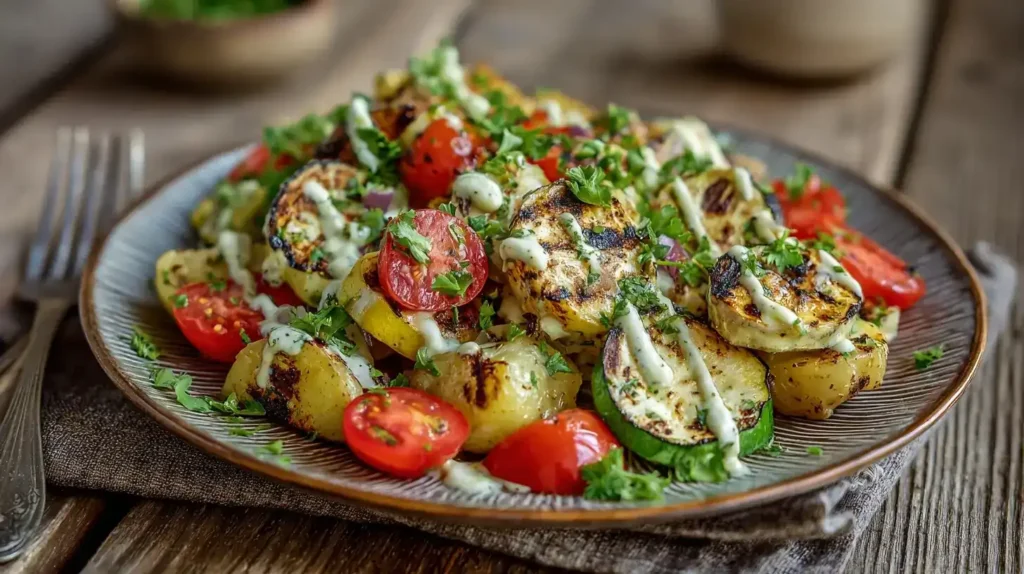 Gegrillter Kartoffelsalat mit Zucchini, Tomaten und Petersilie auf einem Teller serviert