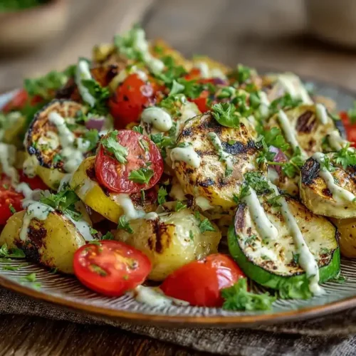 Gegrillter Kartoffelsalat mit Zucchini, Tomaten und Petersilie auf einem Teller serviert