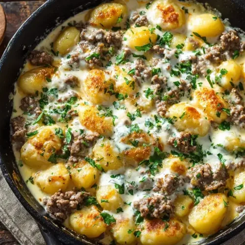 Cremige Gnocchi-Pfanne mit Hackfleisch und Schmand, frisch mit Petersilie garniert