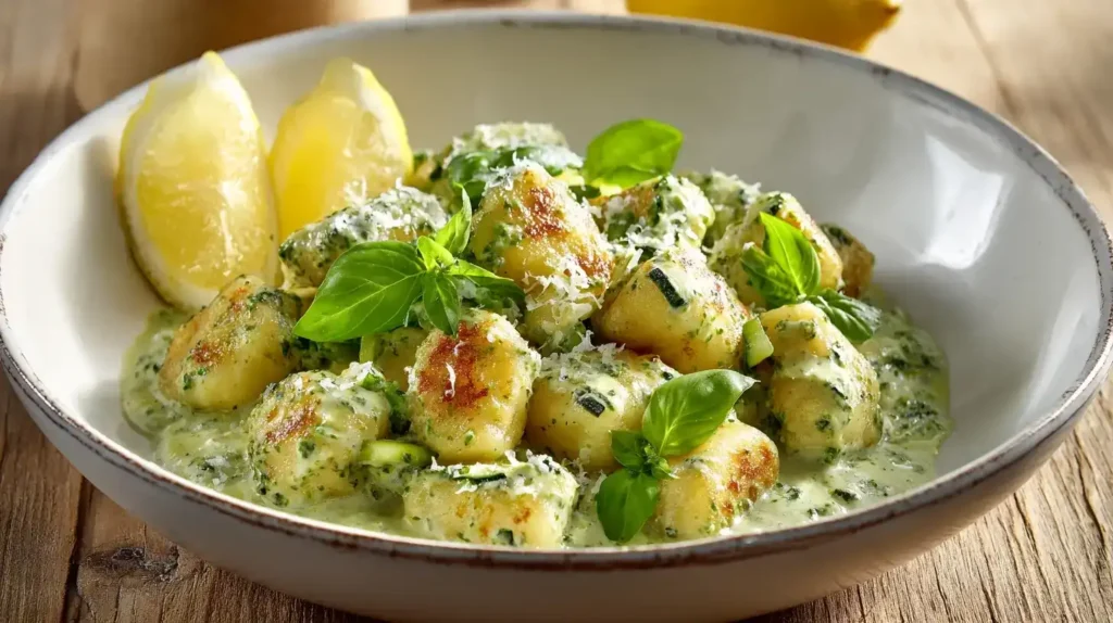 Gnocchi mit cremiger Zucchini-Basilikum-Soße, serviert mit frischem Basilikum und Parmesan