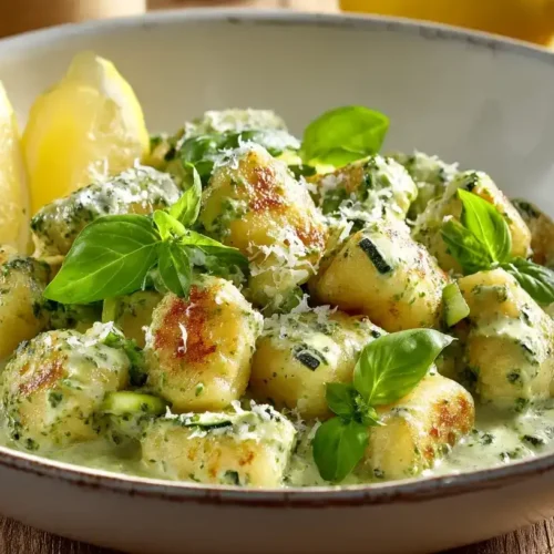 Gnocchi mit cremiger Zucchini-Basilikum-Soße, serviert mit frischem Basilikum und Parmesan