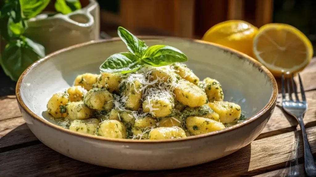 Zubereitung von Gnocchi mit Zucchini-Basilikum-Soße in einer Pfanne