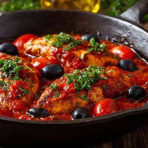 Griechische Hähnchenpfanne frisch in der Pfanne mit Tomatensoße und Petersilie