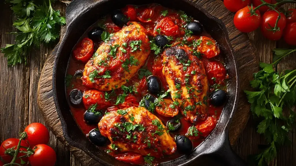 Griechische Hähnchenpfanne mit Paprika, Cherrytomaten und Oliven auf einem Teller serviert