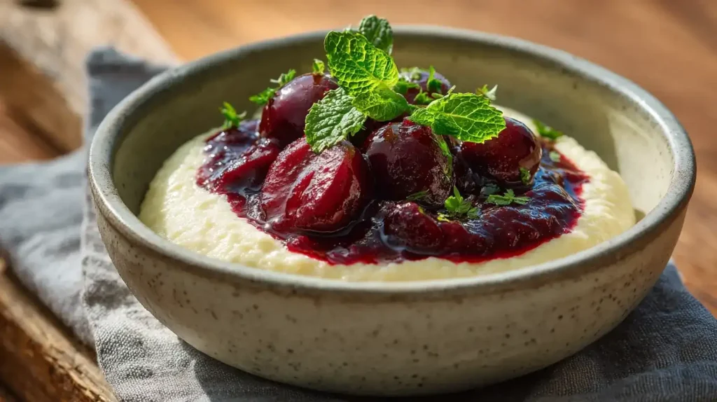 Cremiger Grießquark mit fruchtigem Pflaumenkompott in Schale