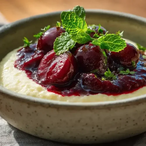 Cremiger Grießquark mit fruchtigem Pflaumenkompott in Schale
