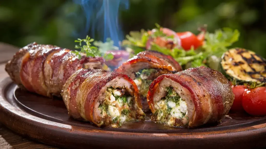 Saftige gefüllte Frikadellen mit Feta-Knoblauch-Füllung und knusprigem Bacon frisch vom Grill