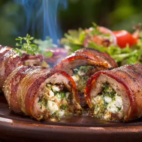 Saftige gefüllte Frikadellen mit Feta-Knoblauch-Füllung und knusprigem Bacon frisch vom Grill