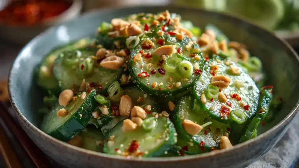 Frischer Gurkensalat mit cremigem Erdnuss-Dressing und Sesam garniert