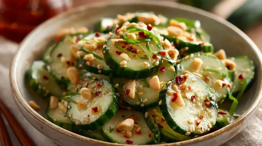 Knackiger Gurkensalat mit Erdnuss-Dressing, frischem Koriander und Erdnüssen