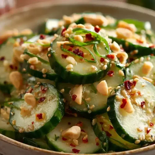 Knackiger Gurkensalat mit Erdnuss-Dressing, frischem Koriander und Erdnüssen