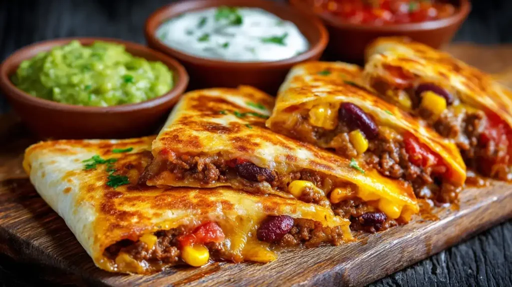 Hackfleisch-Quesadillas mit Käse und Bohnen auf Holzbrett serviert
