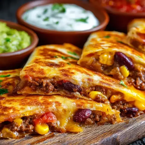 Hackfleisch-Quesadillas mit Käse und Bohnen auf Holzbrett serviert