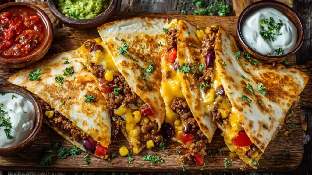 Knusprige Hackfleisch-Quesadillas mit Guacamole und Salsa