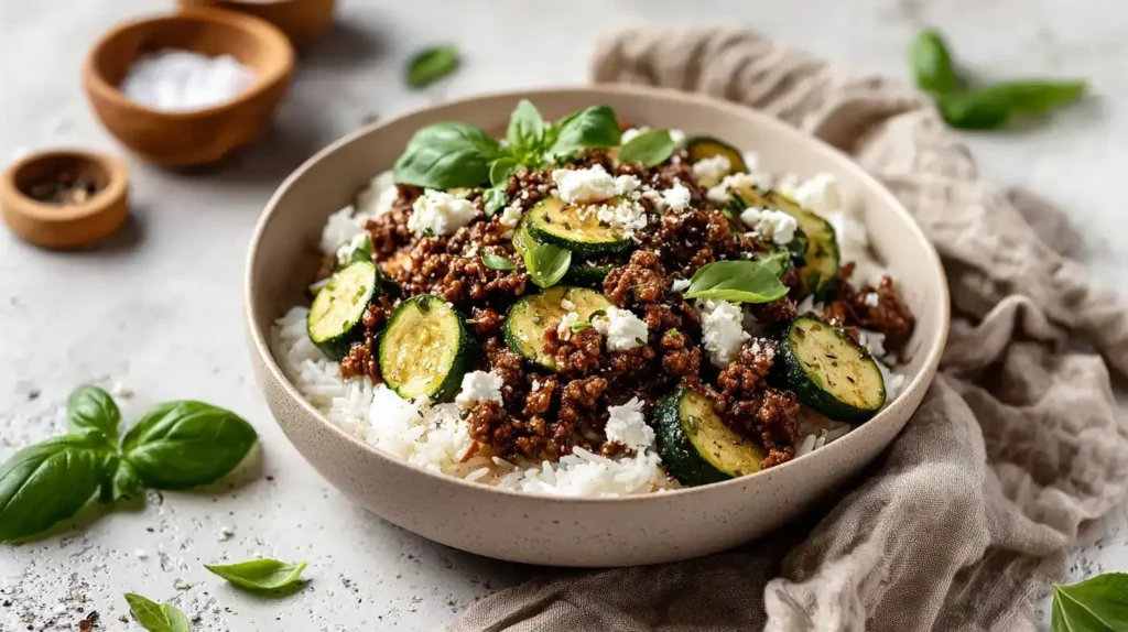 Hackfleischpfanne mit Zucchini in Pfanne serviert mit Feta