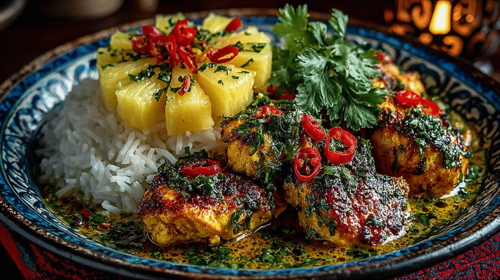 Hähnchen-Ananas-Curry auf Teller mit Reis und frischem Koriander