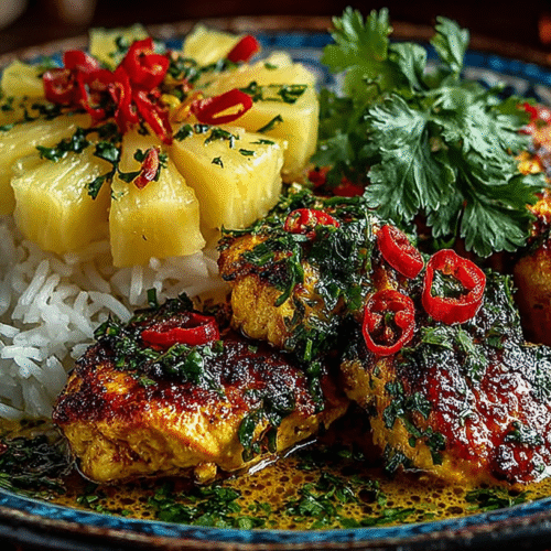 Hähnchen-Ananas-Curry auf Teller mit Reis und frischem Koriander