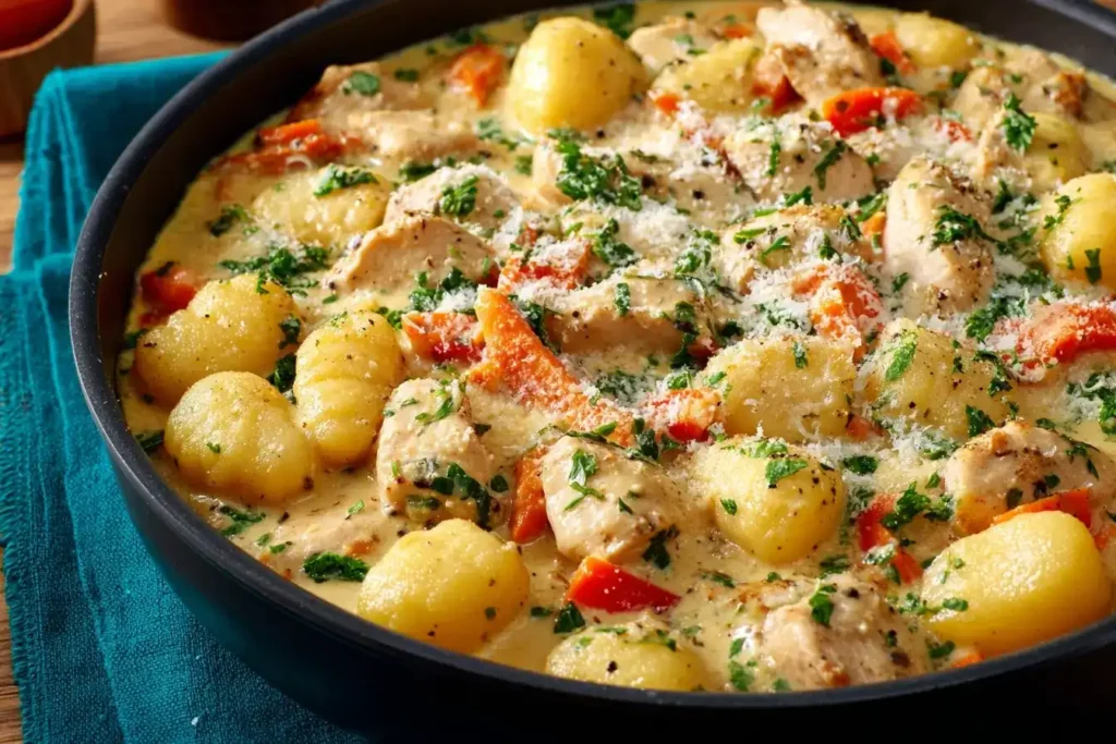 Hähnchen Gnocchi Pfanne mit Gemüse und Sahnesauce