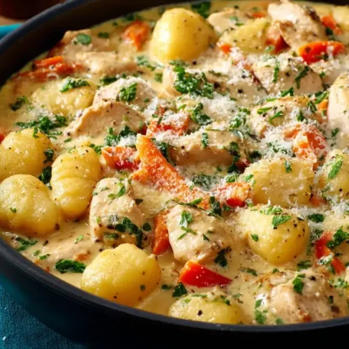 Hähnchen Gnocchi Pfanne mit Gemüse und Sahnesauce