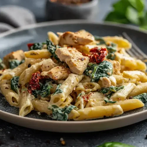 Cremige Hähnchen-Orzo-Pfanne mit frischem Spinat und Kirschtomaten in einer Pfanne serviert