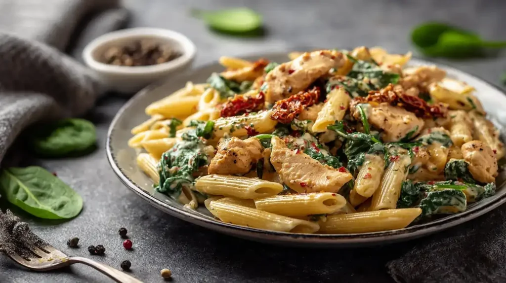 Portionierte Hähnchen-Orzo-Pfanne auf Teller mit Parmesan und Zitronenscheibe garniert