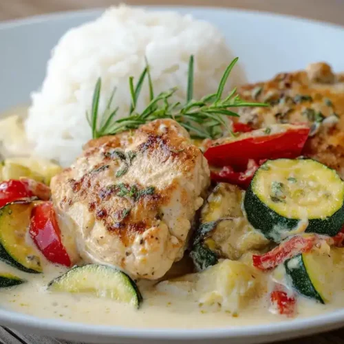 Hähnchenbrust in cremiger Zucchini-Sahne-Soße serviert mit Reis
