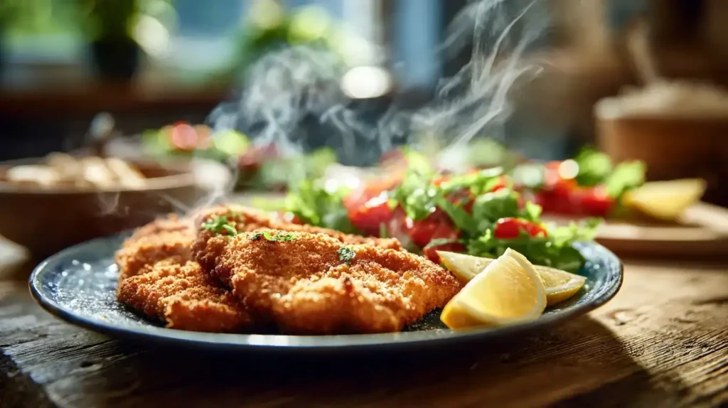Knusprige Hähnchenschnitzel aus der Heißluftfritteuse serviert mit Salat