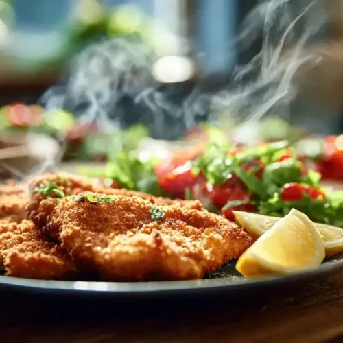 Knusprige Hähnchenschnitzel aus der Heißluftfritteuse serviert mit Salat