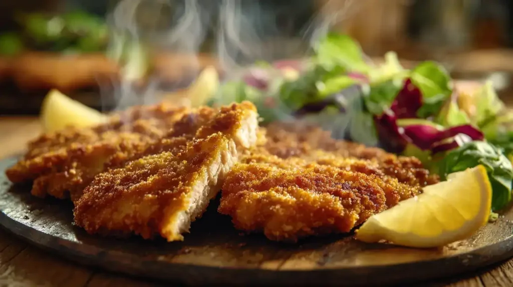 Goldbraune Hähnchenschnitzel aus der Heißluftfritteuse auf rustikalem Teller