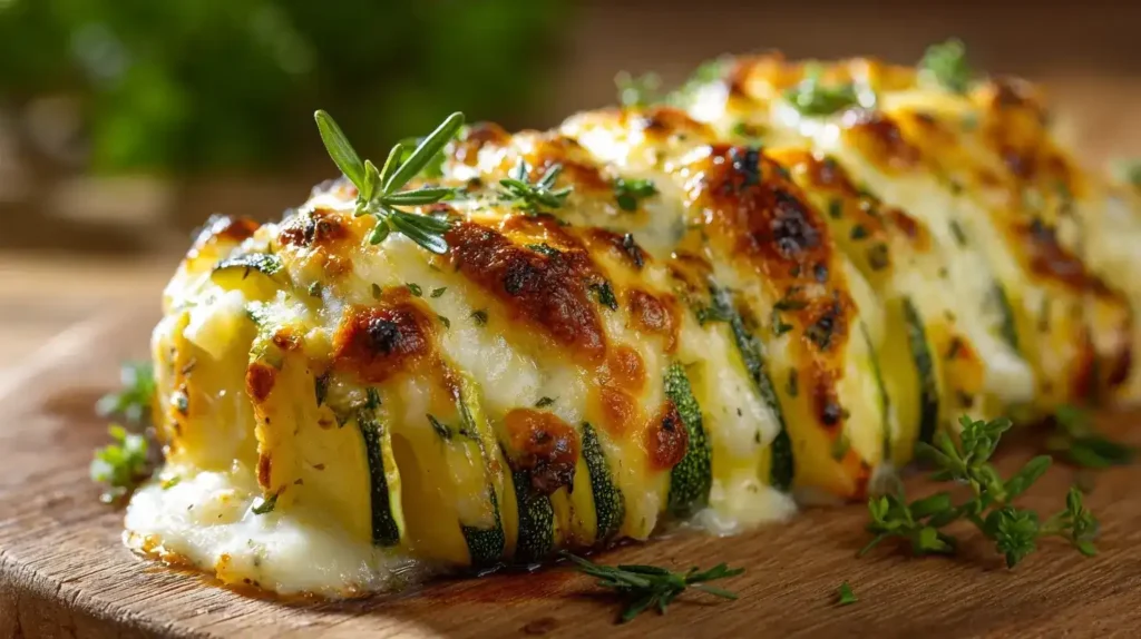 Hasselback-Zucchini frisch aus dem Ofen, mit Käse überbacken und Kräutern garniert