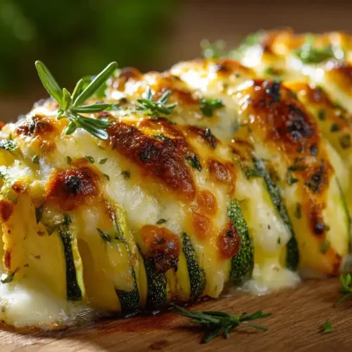 Hasselback-Zucchini frisch aus dem Ofen, mit Käse überbacken und Kräutern garniert