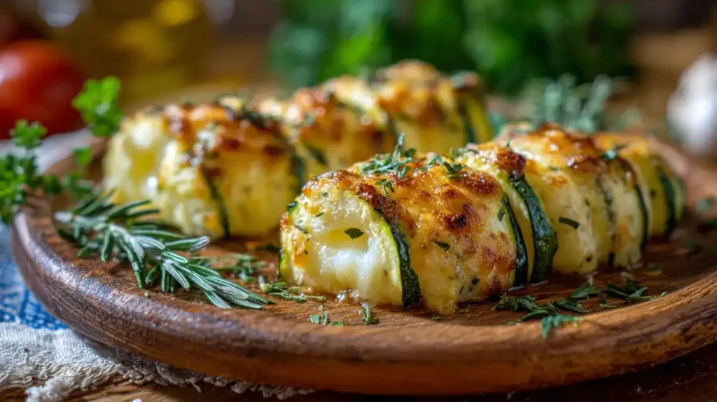 Servierte Hasselback-Zucchini auf rustikalem Teller mit Petersilie und goldbraunem Käse