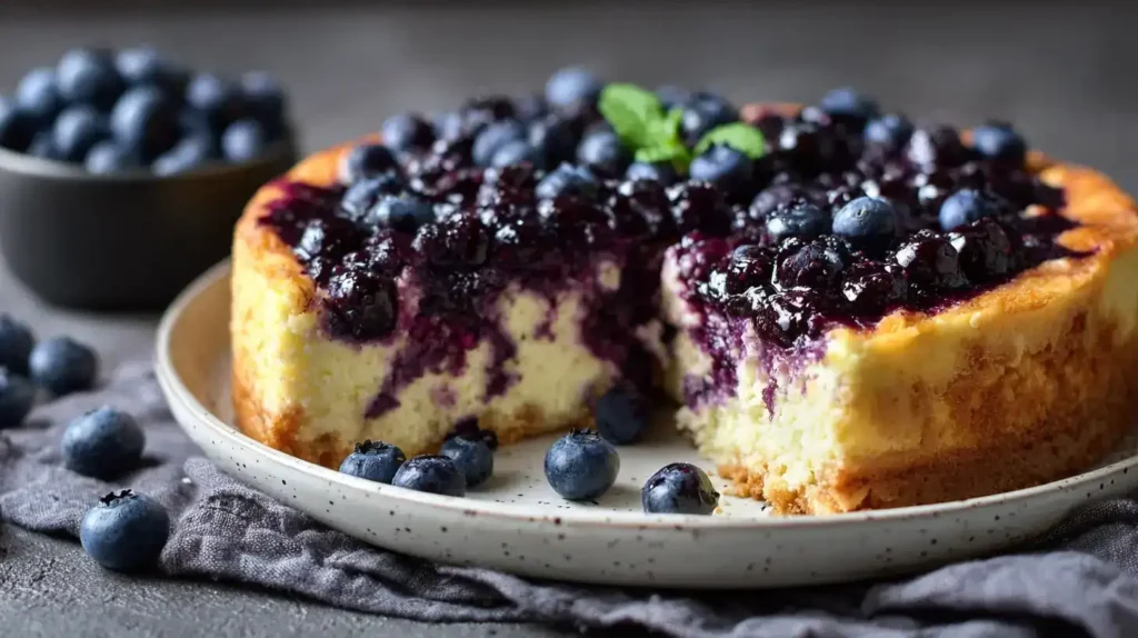 Heidelbeer-Quarkkuchen mit knusprigem Keksboden und frischem Heidelbeer-Kompott