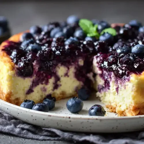 Heidelbeer-Quarkkuchen mit knusprigem Keksboden und frischem Heidelbeer-Kompott