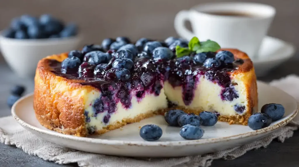 Ein Stück Heidelbeer-Quarkkuchen auf Teller mit cremiger Quarkfüllung und Heidelbeeren dekoriert