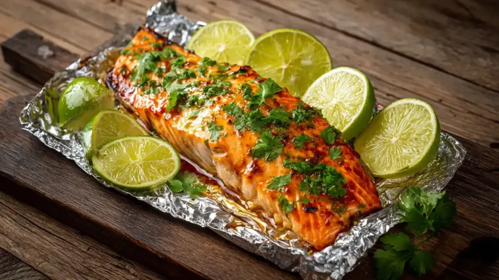 Gegrillter Honig-Limetten-Lachs auf Alufolie, serviert mit frischem Limetten-Koriander-Topping