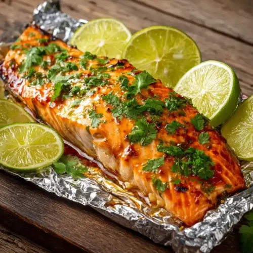 Gegrillter Honig-Limetten-Lachs auf Alufolie, serviert mit frischem Limetten-Koriander-Topping