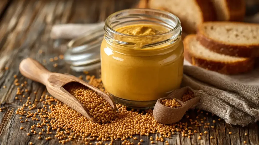 Cremige Honig-Senf-Soße in weißer Schale mit frischem Schnittlauch