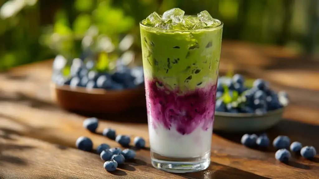 Iced-Blaubeer-Matcha-Latte im Glas mit Schichten aus Blaubeere, Milch und Matcha