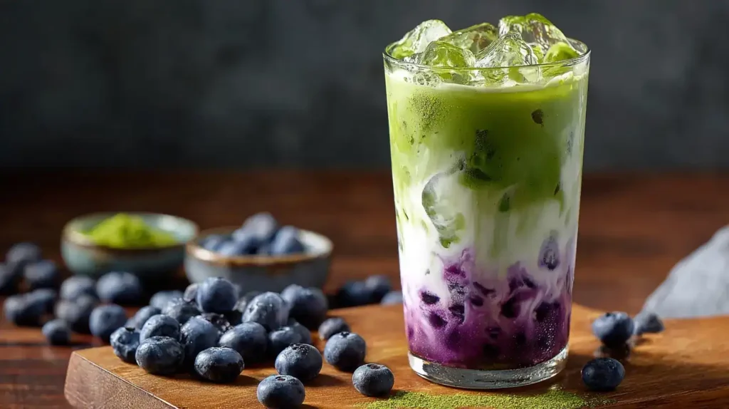 Servierter Iced-Blaubeer-Matcha-Latte mit Eiswürfeln und frischen Blaubeeren