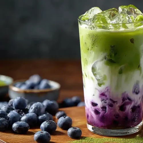 Servierter Iced-Blaubeer-Matcha-Latte mit Eiswürfeln und frischen Blaubeeren