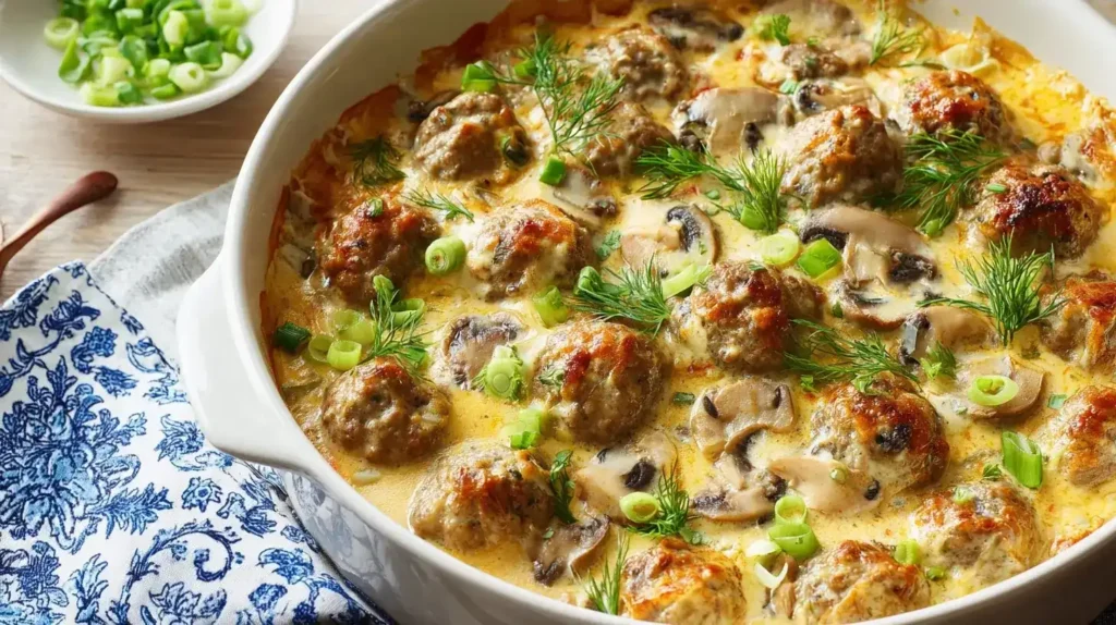 Servierfertiger Jägerschnitzel-Auflauf mit zarten Kalbsschnitzeln und Champignons auf dem Tisch