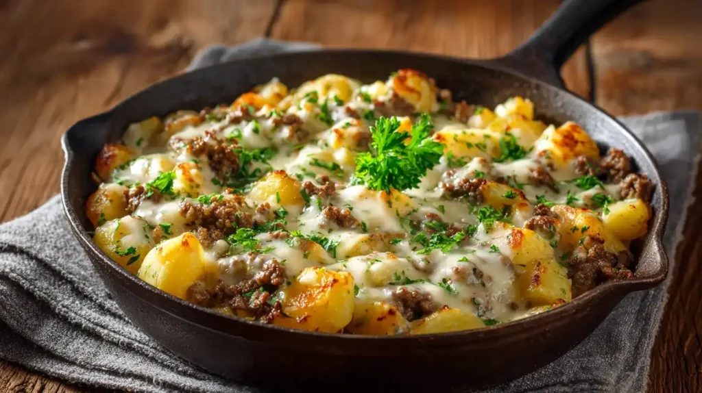 Kartoffel-Hackfleisch-Pfanne mit Käse in rustikaler Pfanne serviert