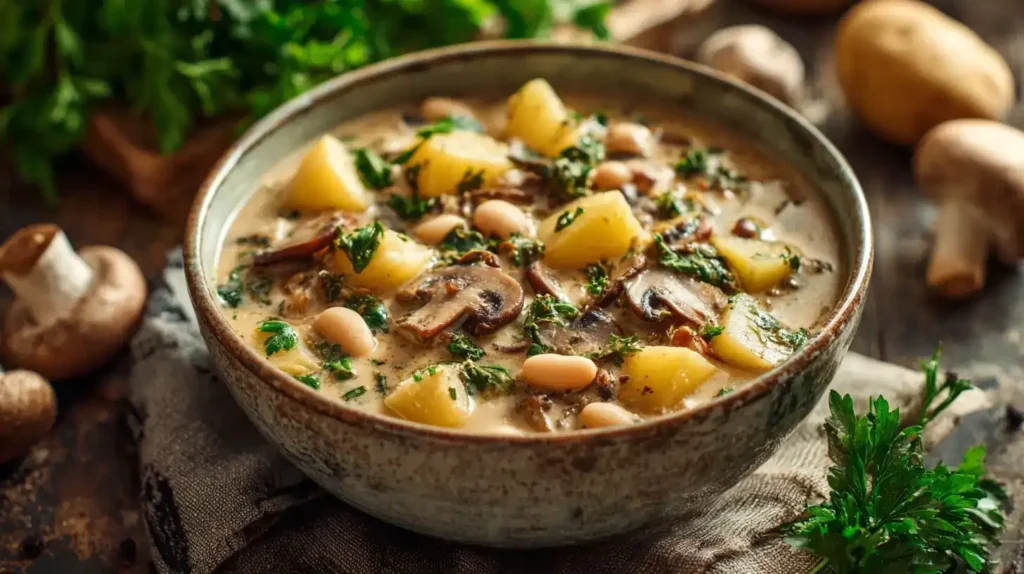 Cremiger Kartoffel-Pilz-Eintopf mit Champignons und Petersilie in Schale serviert