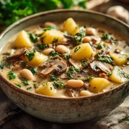 Cremiger Kartoffel-Pilz-Eintopf mit Champignons und Petersilie in Schale serviert