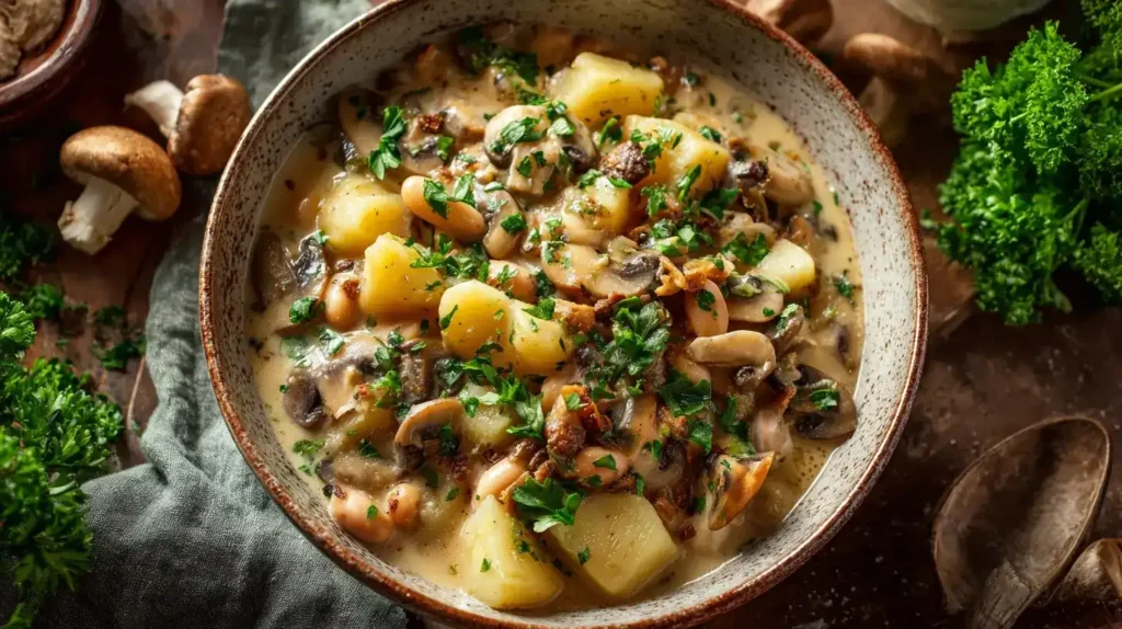 Portion Kartoffel-Pilz-Eintopf auf Teller mit frischem Brot und Kräutern