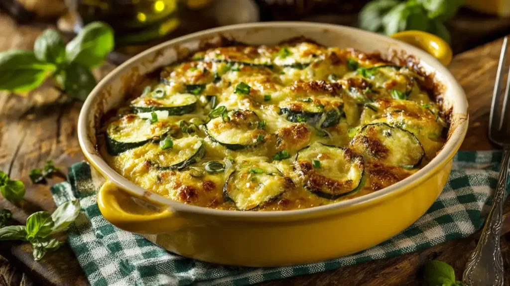 Cremiger Kartoffel-Zucchini-Auflauf mit goldbrauner Käsekruste frisch aus dem Ofen